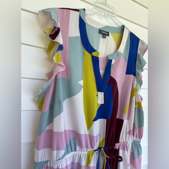 Modcloth As You Love It Blue and Yellow Abstract Ruffled Sleeve Dress Size 2X - Picture 4 of 5